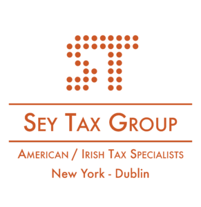 A logo, orange on white, with the capital letters S and T composed of dots. Underneath the name Sey Tax Group, and the text American / Irish Tax Experts New York - Dublin